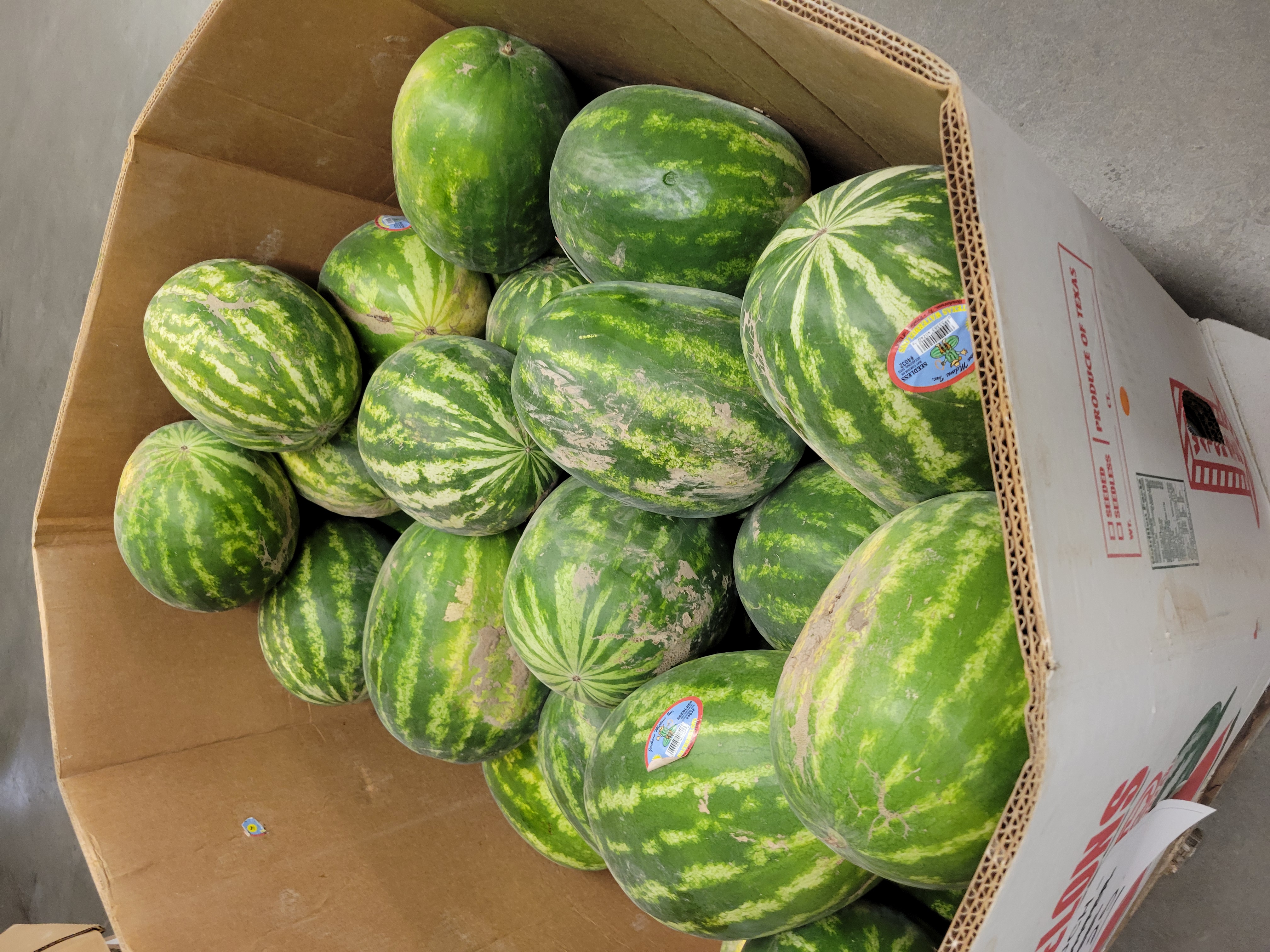 Cardboard container filled with watermelon.